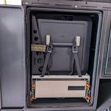 front view of stowed patriot camper x1 bbq table